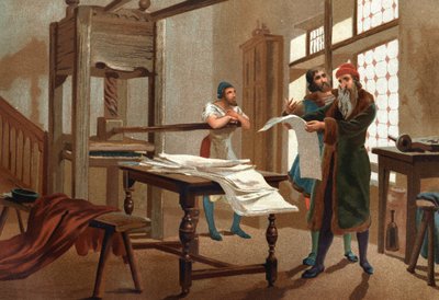 Johannes Gutenberg (1400-1468), niemiecki drukarz, drukujący pierwszy arkusz Biblii. po sławnych mężczyznach i kobietach. Barcelona 1877. autorstwa Unknown artist