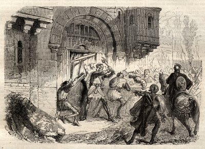 Jan II Komnen, cesarz bizantyjski - Cesarz Jan II Komnen (1087-1143) na czele Greków kierujących drzwiami swojego pałacu w Konstantynopolu - grawerowanie w „Ilustracyjnym popularnym słowniku” - 1864 - Joseph Decembre i Edmond Allonier - autorstwa Unknown artist