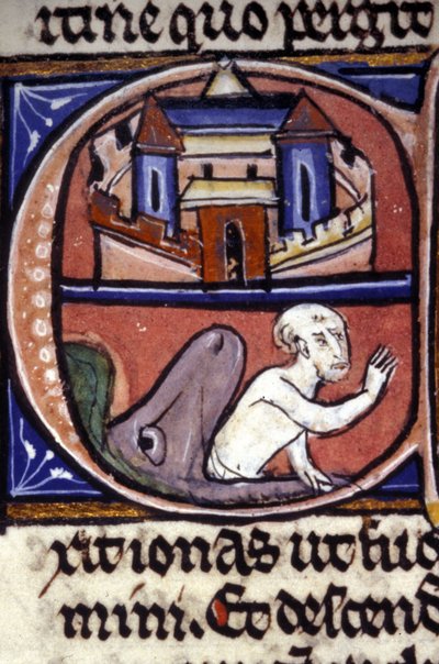 Jonasz po trzech dniach i trzech nocach spędzonych w brzuchu ogromnej ryby zostaje zwymiotowany przez zwierzę. Rękopis z XIV wieku. Biblioteca Nazionale Braidense, Mediolan. autorstwa Unknown artist
