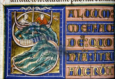Jonasz zostaje wrzucony do morza i pożarty przez ogromną rybę. Rękopis z XIV wieku. Biblia Miejska Vercellego. autorstwa Unknown artist
