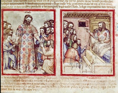 Józef ciężko chory w wieku 110 lat wybacza swoim braciom, którzy przed nim pokłony. Miniatura z kodeksu 212 (albo kodeksu padovano lub Biblii z Padwy) 1390-1400 Rovigo, Accademia dei Concordi autorstwa Unknown artist