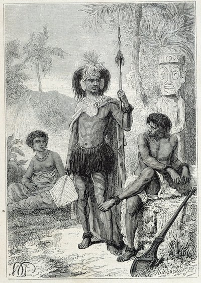 Podróż kapitana Jamesa Cooka (1728-1779): tubylcy z Markizów - ilustracja zaczerpnięta z „Wielkich marynarzy XVIII wieku”” autorstwa Unknown artist