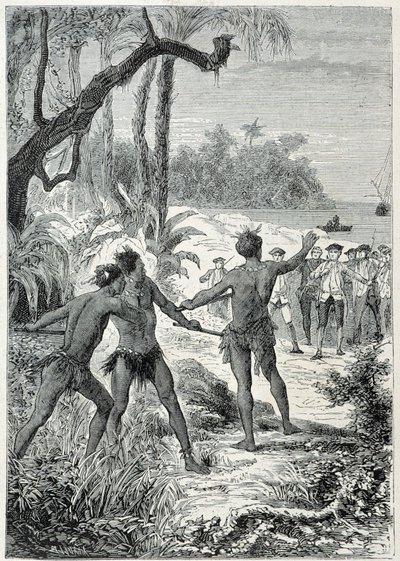 Podróż kapitana Jamesa Cooka (1728-1779) do Nowej Gwinei: pierwsze spotkanie z tubylcami, ilustracja zaczerpnięta z „Wielkich marynarzy XVIII wieku”” autorstwa Unknown artist
