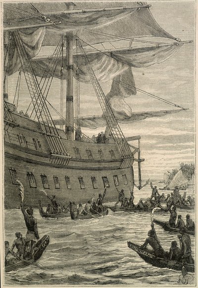 Podróż Samuela Wallisa (1728-1795) do Polinezji: rdzenni mieszkańcy trzymający w ręku gałązki bananowe na powitanie – ilustracja z „Wielkich marynarzy XVIII wieku”” autorstwa Unknown artist