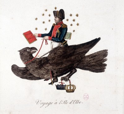 Podróż na wyspę Elba: Napoleon na orle, trzymający księgi poboru do wojska i masowego podnoszenia żołnierzy – w „”Napoleon 1, karykatury, kolekcja manekinów””, ok. 1930 r. 1814 autorstwa Unknown artist