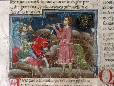 Jules Cesar (101-44 pne) zwraca się do swoich wojowników Fragment strony rękopisu „Fakty Rzymian” (Ms 1538, fol 15r) około 1340 Florencja, Biblioteca Riccardiana autorstwa Unknown artist
