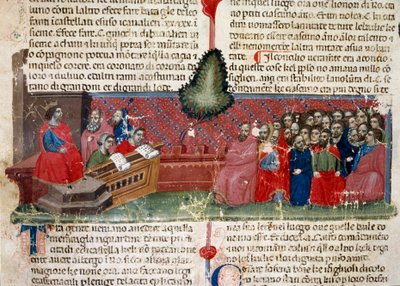 Jules Cesar (101-44 pne) na tronie Fragment strony rękopisu „Fakty Rzymian” (Ms 1538) ok. 1340 Florencja, Biblioteca Riccardiana autorstwa Unknown artist