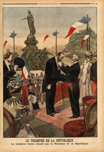 Rzeźbiarz Jules Dalou (1838-1902), odznaczony Legią Honorową przez Prezydenta Republiki Emila Loubeta (1838-1929) z okazji inauguracji pomnika „Triumf republiki” na Place de la Naród w Paryżu. Grawerowanie w „” autorstwa Unknown artist