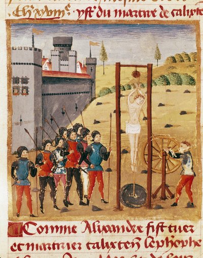 Król Aleksander Wielki (356-323 p.n.e.) uczestniczy w egzekucji szlachetnego Calixtena Cephobe przez powieszenie””” Miniatura zaczerpnięta z „”Księgi faktów Aleksandra Wielkiego”” Kwintusa Curtiusa Rufusa (I w.) (ms 1335, fol. 167 v autorstwa Unknown artist