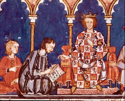 Król Alfonso X Mędrzec pomaga w pisaniu. Fragment miniatury z Księgi szachów, kości i tabel Alfonsa X Mądrego (1221-1284). 1282. Św. Biblioteka Królewska autorstwa Unknown artist
