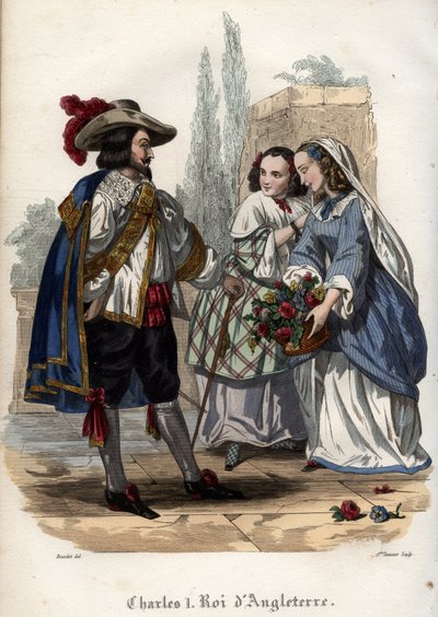 Król Anglii Karol I (Charles I Stuart) (1600-1649) uwodzi młode kobiety. Rycina z 1842 roku w „Histoire des Popes” Maurice