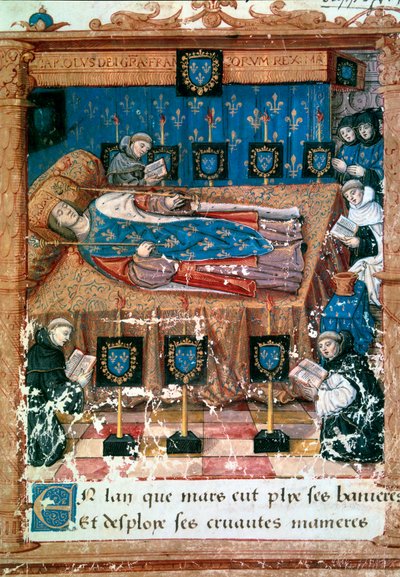 Król Karol VIII (1470-1498) na łożu śmierci 8.04.1498 Miniatura zaczerpnięta z przekładu „”L