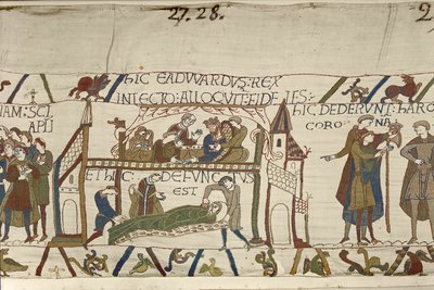 Król Edward Wyznawca na łożu śmierci, Tkanina z Bayeux (haft wełniany na płótnie) autorstwa Unknown artist