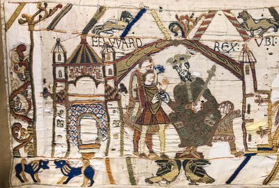 Król Edward Wyznawca wysyła Harolda do Normandii, Bayeux Tapestry (haft z wełny na płótnie) autorstwa Unknown artist