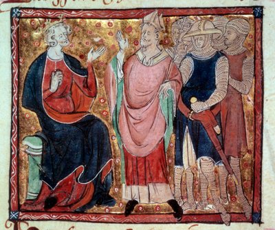 Król Anglii Henryk II (1133-1189) otrzymujący ewekę i miniaturę żołnierzy z XV-wiecznego rękopisu. Paryż, B.N. autorstwa Unknown artist