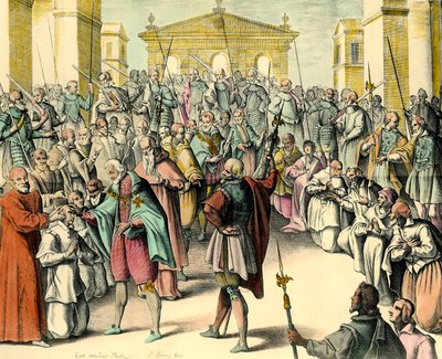 Król Henryk IV (1553-1610) dotyka czoła chorego.”” Król jest taumaturg, ma moc uzdrawiania ekroueli poprzez wymawianie tej formuły. Rycina z szkicu Andre du Laurensa (1558-1609), doktora króla Henryka IV autorstwa Unknown artist