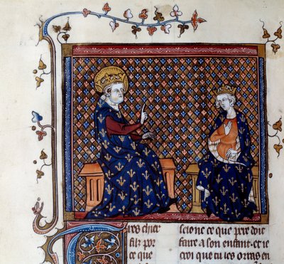 Król Ludwik IX (1214-1270) uczy swego syna mistrza króla, przyszłego Filipa III Miniatura z XIV-wiecznego rękopisu. Chantilly, Muzeum Conde autorstwa Unknown artist