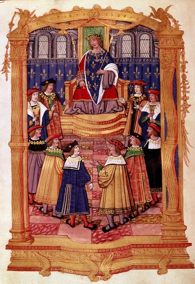Król Ludwik XI (1423-1483) i Rycerze Orderu Świętego Michała Miniatura z rękopisu „Statuty Orderu Świętego Michała” XV wiek Mediolan, Biblioteca Trivulziana autorstwa Unknown artist