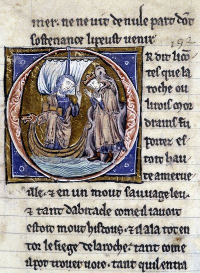 Król Modreius. Rękopis: Conquest of the Saint Gréal, napisany 717 lat po męce naszego Pana. Bibliotheque Municipale de Rennes, ms. 255 (Zbiór powieści Okrągłego Stołu); Paryż autorstwa Unknown artist
