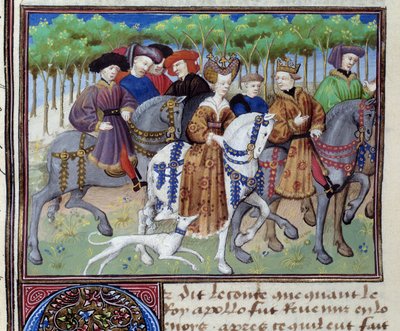 Król i królowa na polowaniu (Filip VI Walezjusz i Blanche z Nawarry (?)) Miniatura z Le livre de la chasse” autorstwa Gastona III Phoebusa, hrabiego Foix, Lorda Bearn (1331-1391) autorstwa Unknown artist
