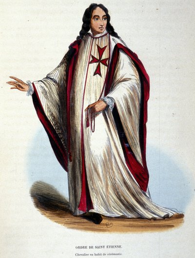 Kawaler Orderu Świętego Szczepana w odświętnym stroju. Zakon wojskowo-religijny utworzony przez Wielkiego Księcia Toskanii w 1561 r. Rycina z XIX wieku. autorstwa Unknown artist