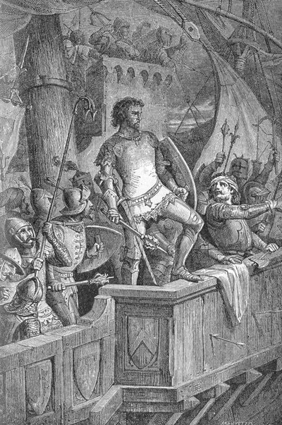 Knut Wielki (Canut I) (994 lub 995-1035) - Ludzie Cnuta Wielkiego na moście londyńskim, atakowani przez Olafa II z Norwegii (Olaf II z Norwegii) - Grawerowanie w „” Kaiser, Konig une Papst” Richarda Roth autorstwa Unknown artist