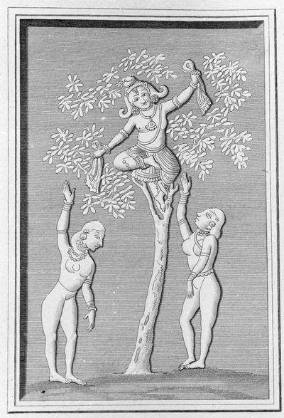Krishna lecący z dwoma gopi. grawerowanie w „”Ancient and Modern Monuments of Hindustan”” przez L.M. Langles, Paryż 1821. autorstwa Unknown artist
