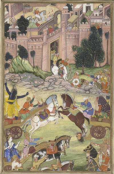 Kryszna zabija demona Śri Galę (scena z Harivamsy). Około 1585-95 autorstwa Unknown