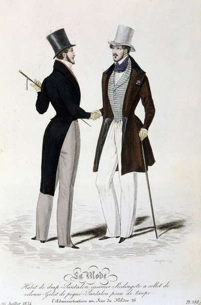 La Mode du 26 juillet 1834: (moda męska) prześcieradło - spodnie casimir - Redingote z aksamitnym kołnierzem - kamizelka z piki - spodnie ciemnoszary i cylinder. autorstwa Unknown artist
