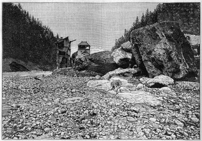 La catastrophe de Saint-Gervais (Saint Gervais) ou catastrophe du glacier de la Tete Rousse (departament Górnej Sabaudii) (12-13 lipca 1892) - Bains de Saint-Gervais po katastrofie z ogromnymi blokami przeniesionymi przez potok, Grawerowanie w „” La Natur autorstwa Unknown artist