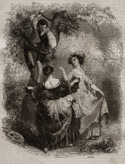 Zbieranie wiśni - ilustracja do spowiedzi” Jean-Jacques (Jean Jacques) Rousseau (1712-1778) - rycina z 1849 r. autorstwa Unknown artist