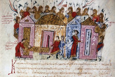 Zbrojna Gwardia Waregów (Varangian) (Wikingowie duńscy i szwedzcy, którzy przebyli cały system rzeczny terytoriów wschodnich i budowali forty aż do Morza Kaspijskiego, kładąc w ten sposób podwaliny pod to, co miało stać się państwem rosyjskim). autorstwa Unknown artist