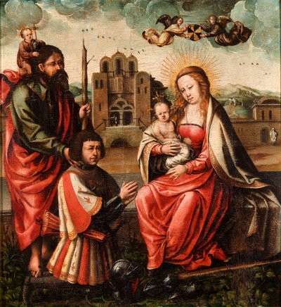 ""Dziewica Krzysztofa Kolumba"" (Dziewica Cristobal Colon) Dziewica z Dzieciątkiem z Krzysztofem Kolumbem i Świętym Krzysztofem Anonimowy obraz 1540 - Olej na desce Ciemny 52x48 cm Museo Lazaro Galdiano, Madryt autorstwa Unknown artist