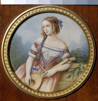 Rosyjska aktorka Varvara Asenkova (1817-1841), w roli Esmeraldy z „Notre Dame de Paris” Victora Hugo (1802-1885). (rosyjska aktorka Varvara Asenkova jako Esmeralda). Praca anonimowa, akwarela na papierze autorstwa Unknown artist