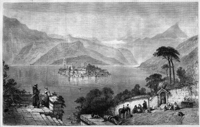 Jezioro Orta (Jezioro Cusio) (na środku wyspy San Giulio (Saint Jules) w prowincji Novara we Włoszech. Rycina z 1865 roku. autorstwa Unknown artist