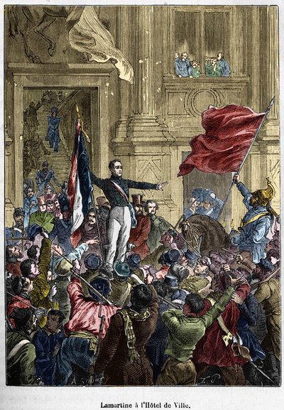 Lamartine (1790 - 1869), odmawiający wystawienia czerwonej flagi na trójkolorową flagę w Ratuszu. Paryż, 26 lutego 1848. Kolekcja Bianchetti. autorstwa Unknown artist
