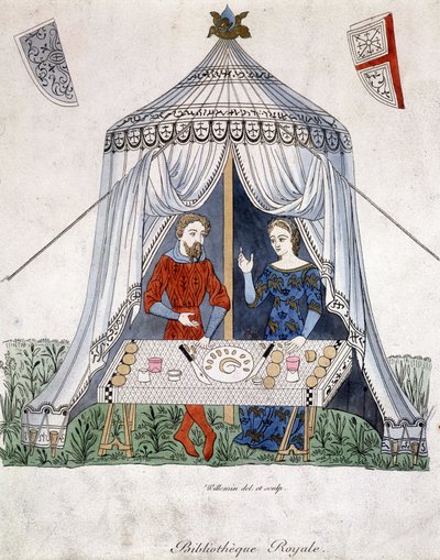 Lancelot i Guineèvre jedzący pod namiotem, wydobyty z „Lancelot du lac”, według dokumentu z 1370 r. autorstwa Unknown artist