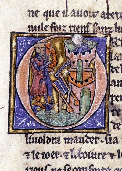 Lancelot na szczycie wieży. Rękopis: Conquest of the Saint Gréal, napisany 717 lat po męce naszego Pana. Bibliotheque Municipale de Rennes, ms. 255 (Zbiór powieści Okrągłego Stołu); Paryż autorstwa Unknown artist