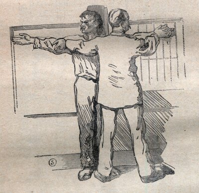 Antropometria sądowa lub bertillonnage, metoda Alphonse Bertillon (1853-1914): pomiar wielkiego wielkiego kalibru ramion - Grawerowanie w „La Science francaise” autorstwa Unknown artist