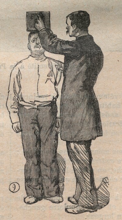 Antropometria sądowa lub bertillonnage, metoda Alphonse Bertillon (1853-1914): pomiar wzrostu - Grawerowanie w „La Science francaise”” autorstwa Unknown artist