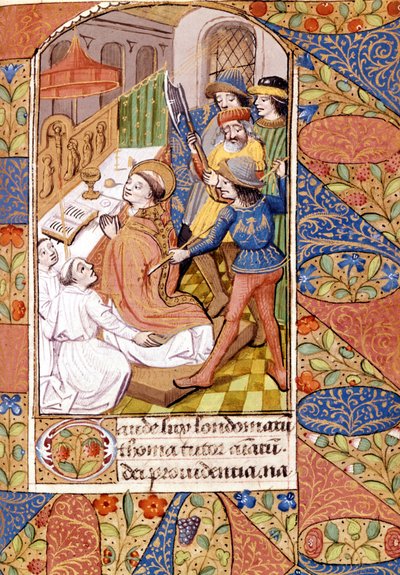 Zabójstwo św. Tomasza Becketa (1118 - 1170), angielskiego prałata i polityka. Miniatura z XIV wieku. Biblioteka Wiktorii i Alberta, Londyn. autorstwa Unknown artist
