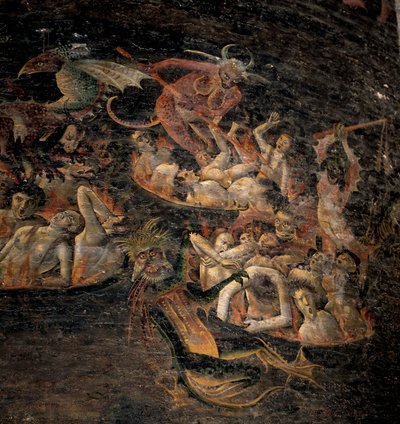 Ostateczny sąd: przeklęci w Podziemiu dręczeni przez demoniczne stworzenia. Fragment fresku 1474-1484. Katedra Sainte Cecile w Albi. autorstwa Unknown artist