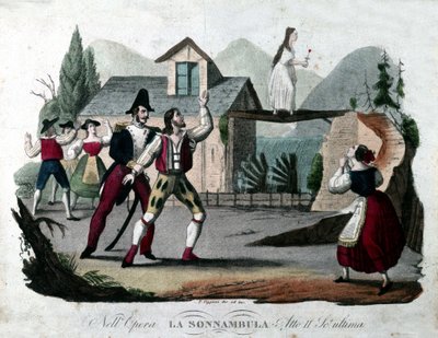 Ostatnia scena II aktu „La somnambule (La sonnanbula”) Vincenzo Belliniego. Grawerunek z 1835 roku. autorstwa Unknown artist