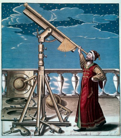 Astronom: mężczyzna obserwuje gwiazdy w lunecie astronomicznej - Grawerowanie w XVII wieku - Paryż, BN - Astronom: Mężczyzna obserwuje gwiazdy w teleskopie - Grawerowanie autorstwa Unknown artist