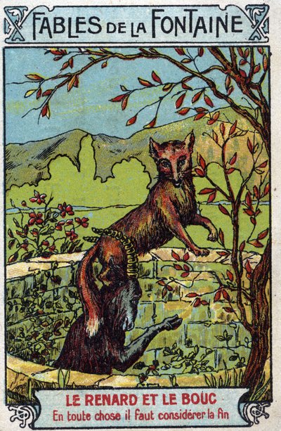 Le Fox et le Bouc - Bajki Jeana de La Fontaine (1621-95) - Chromolitografia z końca XIX wieku Kolekcja prywatna autorstwa Unknown artist