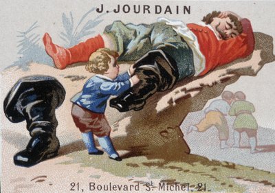 Le Petite Poucet usuwa swoje siedmioligowe buty z ogrem asoupi - etykieta reklamowa Jourdain autorstwa Unknown artist