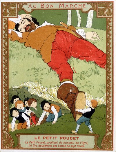 Le Petite Poucet zdejmuje swoje siedmioligowe buty przed ogra assoupi - etykieta reklamowa Bon Marché, koniec XIX wieku autorstwa Unknown artist