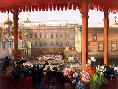 "Koronacja cesarza Aleksandra II (1818-1881) 18.02.1855" Widok tłumu - Anonimowa litografia autorstwa Unknown artist