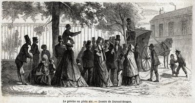 Le preche en plein air, w Londynie, rysunek Duranda Bragera, ilustrujący Wycieczkę do biednych dzielnic Londynu, w 1862, L.Simonin. Grawerowanie w „”Le tour du monde””, pod redakcją Edouarda Chartona autorstwa Unknown artist