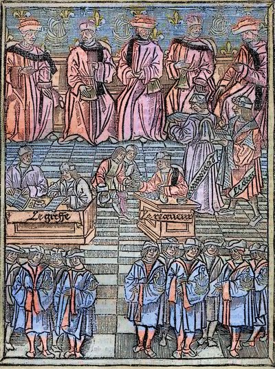 Grawerunek Le prevot des marchands et les echevins de Paris au 16eme w. na podstawie oryginału z 1528 r. - Provot of Merchants and Addermen of Paris, scena poboru podatków, strona tytułowa z 